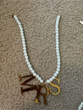 Pearl Beaded Necklace with Gold Letter Charms - White